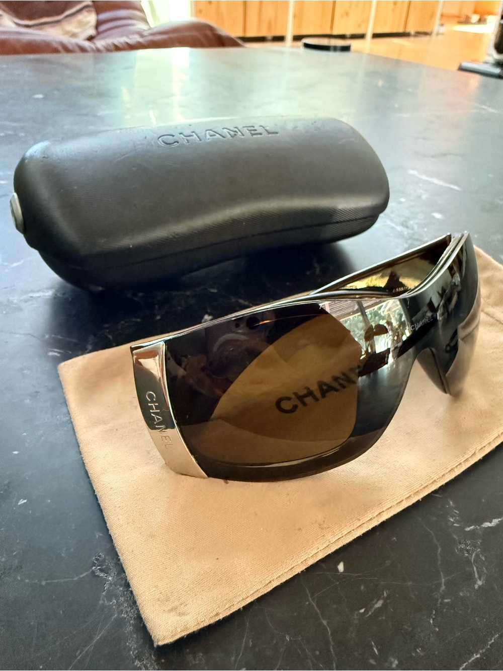 Vintage y2k CHANEL Brown Gradient Shield Sunglasses with Silver Logo Accent - Picture 2 of 13